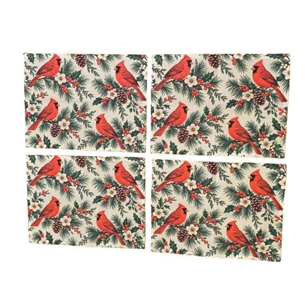 Christmas Placemat Set 4 Piece 12x15.5in Woven Polyester Cardinals Pine Holly